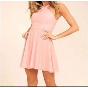 Lulus Forevermore Halter Fit and Flare Dress Blush‎ Pink Mini Dress Sz Med